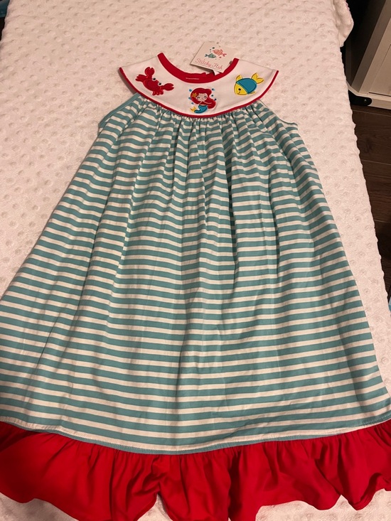 Stitchy Fish Other - Children's Striped Aqua & White Casual Dress with Red Trim